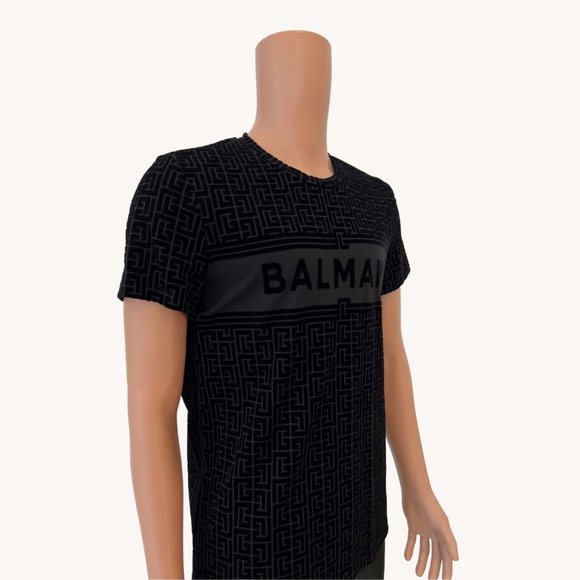 BALMAIN ECO SUSTAINABLE MONOGRAM FLOCK T-SHIRT - NOIR/NOIR - Picture 2 of 6